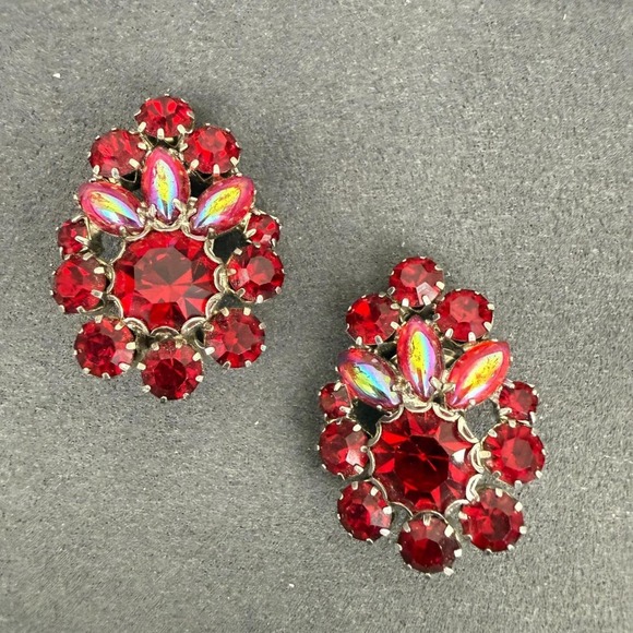 Others Follow Jewelry - Vintage‎ Red Aurora Borealis Clip On Earrings Rhinestone Cluster Retro Glam